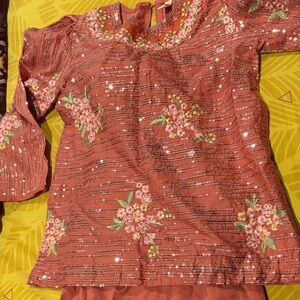 Pink Floral Sequin Top and Skirt Set